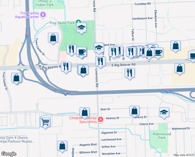 map of restaurants, bars, coffee shops, grocery stores, and more near in Troy