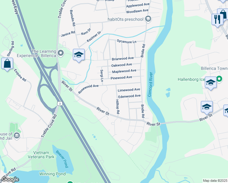 map of restaurants, bars, coffee shops, grocery stores, and more near 25 Limewood Avenue in Billerica