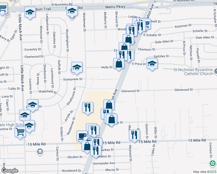 map of restaurants, bars, coffee shops, grocery stores, and more near 21761 Hillside Drive in Clinton Township