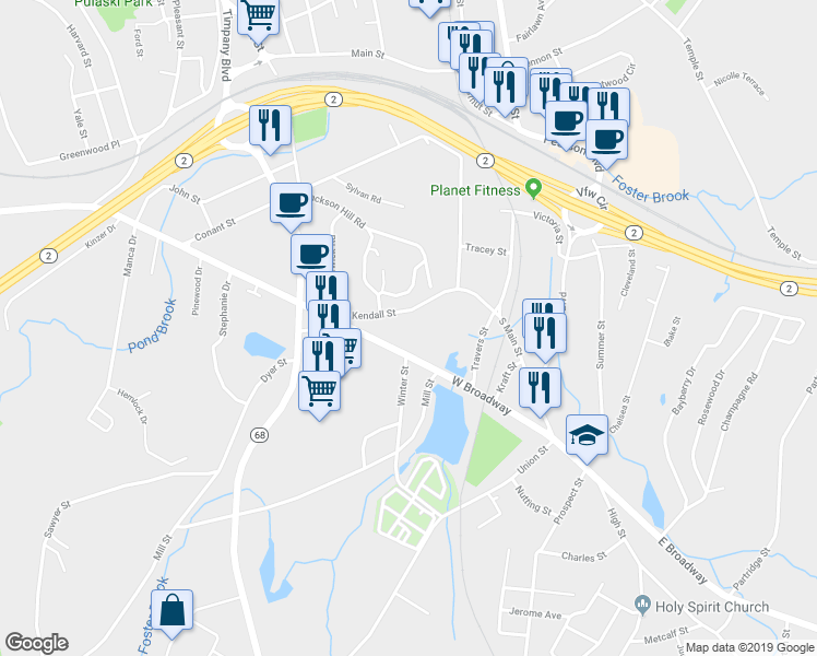 map of restaurants, bars, coffee shops, grocery stores, and more near 100 Kendall Street in Gardner