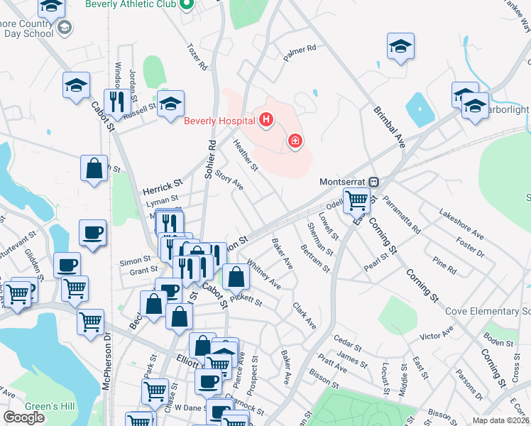 map of restaurants, bars, coffee shops, grocery stores, and more near in Beverly