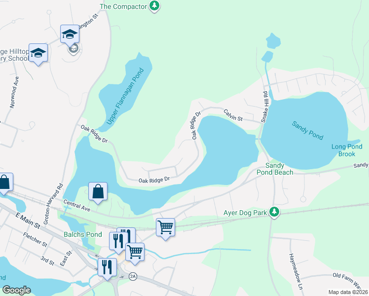 map of restaurants, bars, coffee shops, grocery stores, and more near 38 Pine Ridge Drive in Ayer