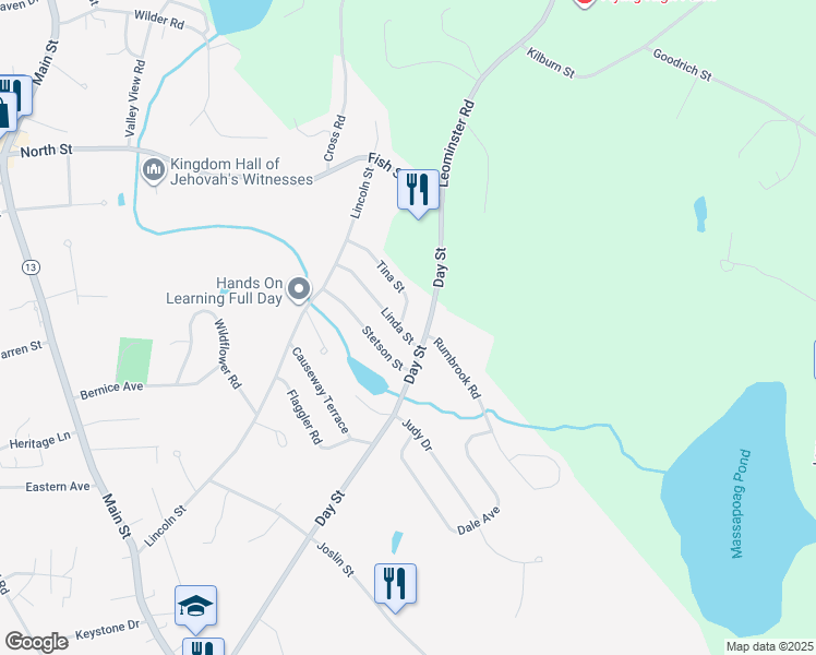 map of restaurants, bars, coffee shops, grocery stores, and more near 5 Tina Street in Leominster