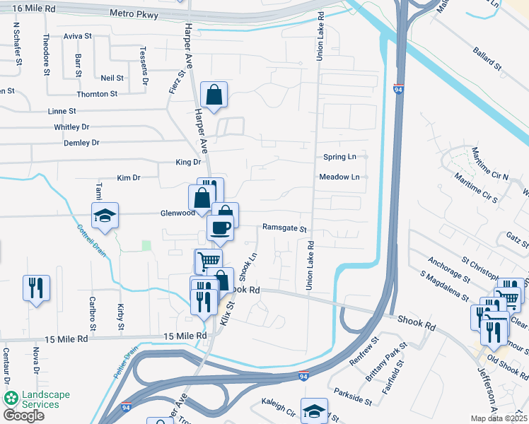 map of restaurants, bars, coffee shops, grocery stores, and more near 24020 Quad Park Lane in Clinton Township