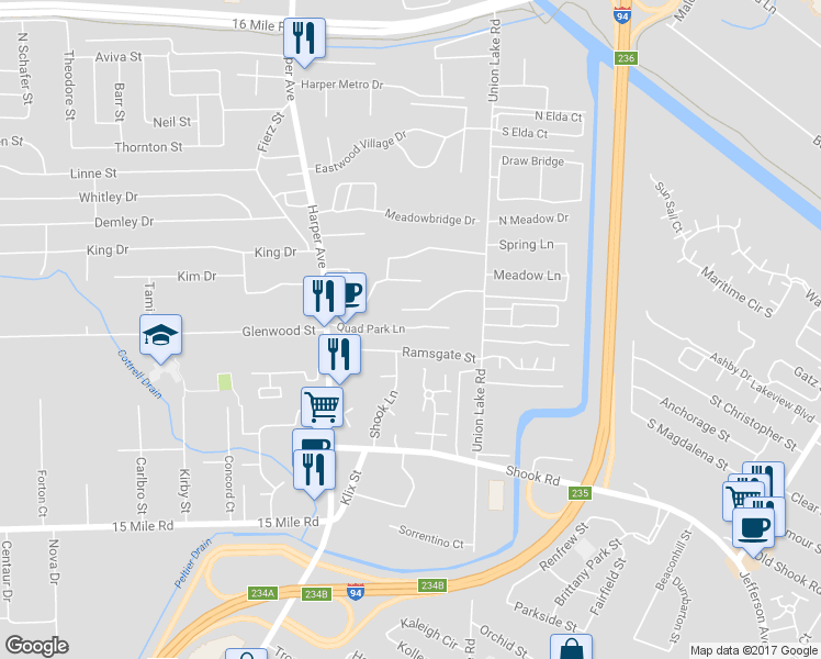map of restaurants, bars, coffee shops, grocery stores, and more near 24020 Quad Park Lane in Clinton Township
