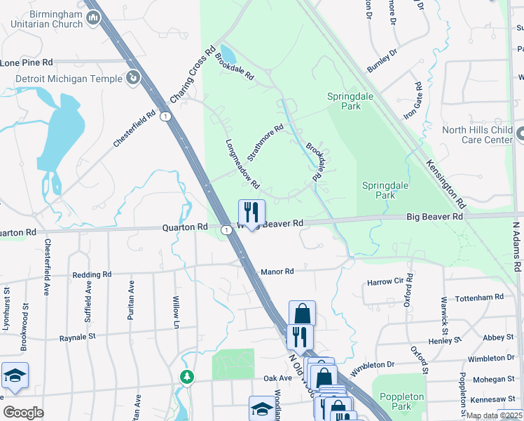 map of restaurants, bars, coffee shops, grocery stores, and more near 5430 Longmeadow Road in Bloomfield Hills