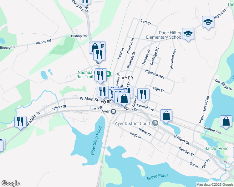 map of restaurants, bars, coffee shops, grocery stores, and more near 28 West Street in Ayer