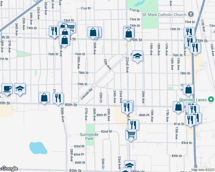 map of restaurants, bars, coffee shops, grocery stores, and more near 7800 25th Avenue in Kenosha