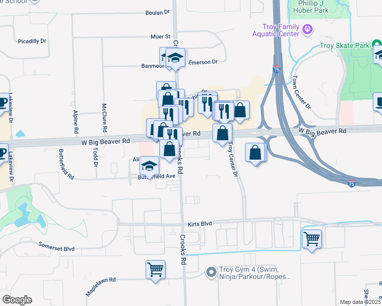 map of restaurants, bars, coffee shops, grocery stores, and more near 999 West Big Beaver Road in Troy