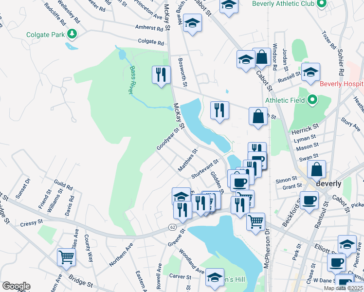 map of restaurants, bars, coffee shops, grocery stores, and more near 13 Glidden Street in Beverly