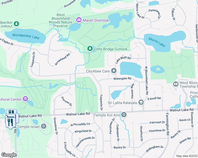 map of restaurants, bars, coffee shops, grocery stores, and more near 5318 Watergate Road in West Bloomfield Township