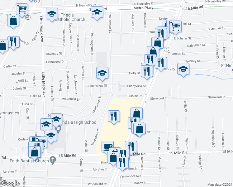 map of restaurants, bars, coffee shops, grocery stores, and more near 21535 Hillside Drive in Clinton Township