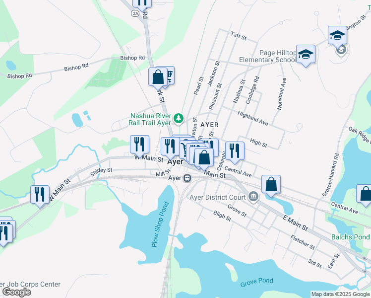 map of restaurants, bars, coffee shops, grocery stores, and more near 28 West Street in Ayer