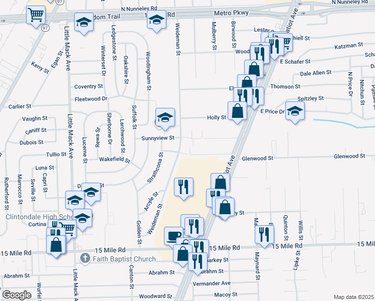 map of restaurants, bars, coffee shops, grocery stores, and more near 21641 Hillside Drive in Clinton Township