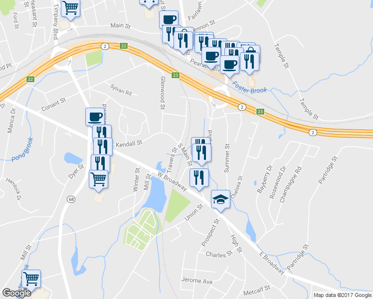 map of restaurants, bars, coffee shops, grocery stores, and more near 144 South Main Street in Gardner