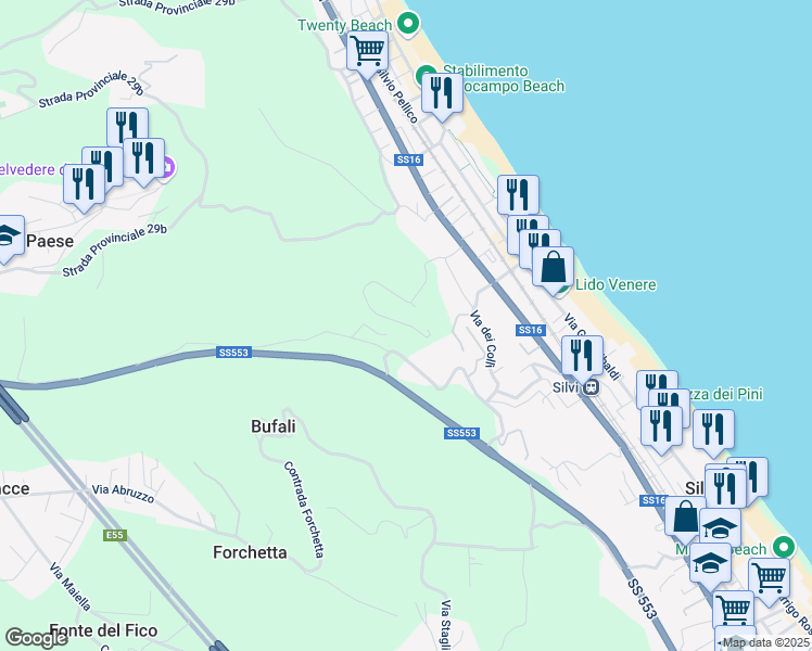 map of restaurants, bars, coffee shops, grocery stores, and more near 25A Contrada Stagliano in Provincia di Teramo