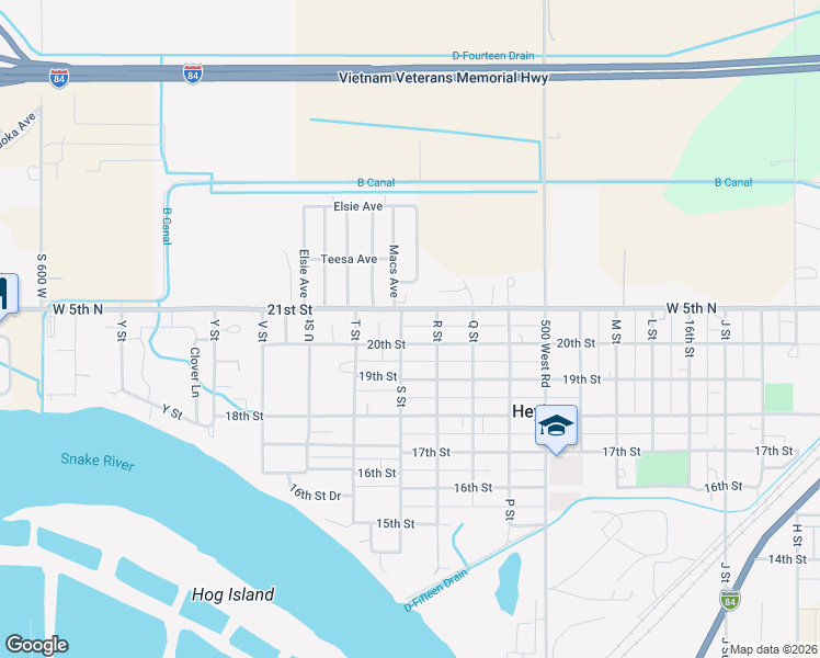 map of restaurants, bars, coffee shops, grocery stores, and more near 2010 S Street in Heyburn