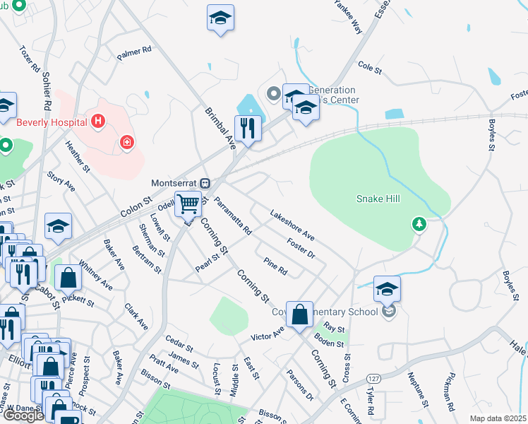 map of restaurants, bars, coffee shops, grocery stores, and more near 48 Lakeshore Avenue in Beverly