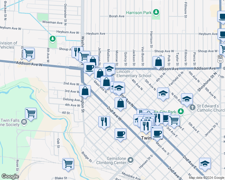 map of restaurants, bars, coffee shops, grocery stores, and more near 605 2nd Avenue North in Twin Falls