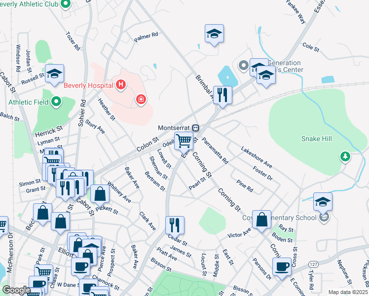 map of restaurants, bars, coffee shops, grocery stores, and more near 5 Hawthorne Street in Beverly