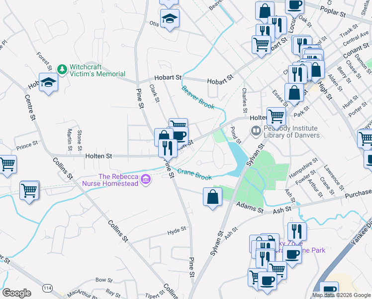 map of restaurants, bars, coffee shops, grocery stores, and more near 72 Holten Street in Danvers