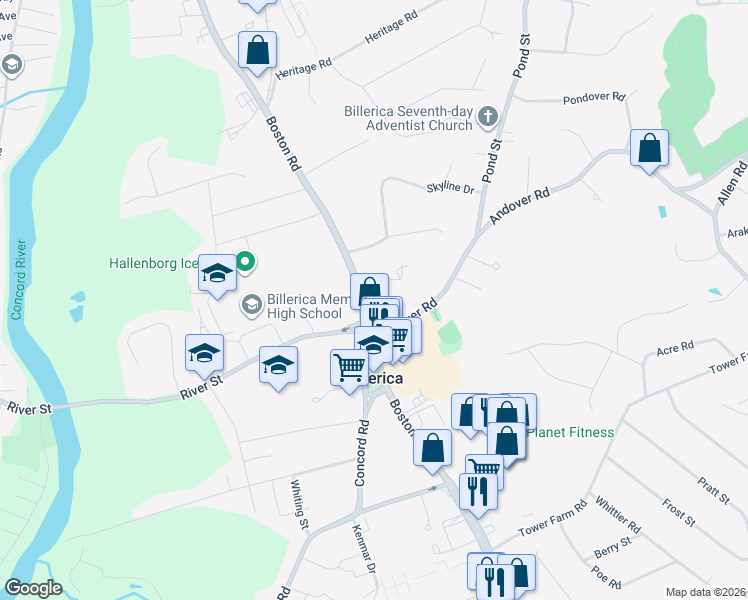 map of restaurants, bars, coffee shops, grocery stores, and more near 398 Boston Road in Billerica