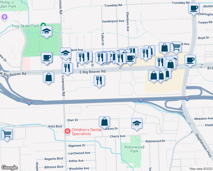 map of restaurants, bars, coffee shops, grocery stores, and more near 300 East Big Beaver Road in Troy