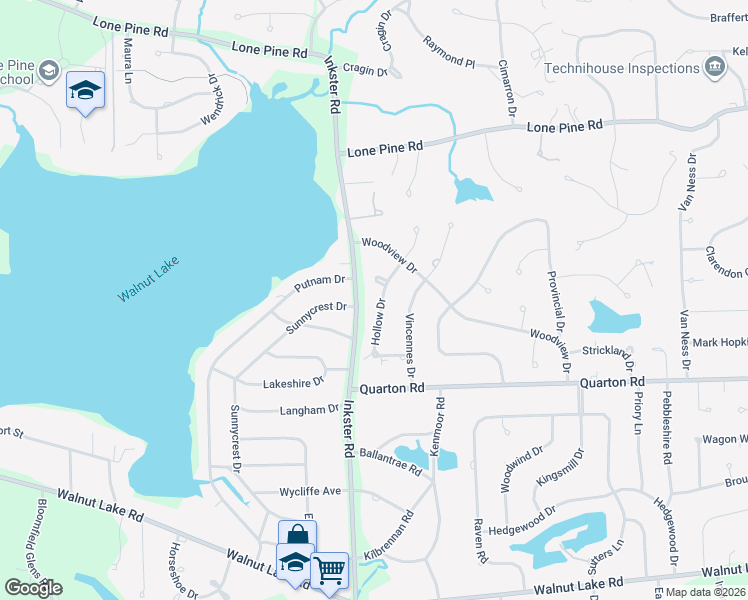 map of restaurants, bars, coffee shops, grocery stores, and more near 5310 Hollow Drive in Bloomfield Hills