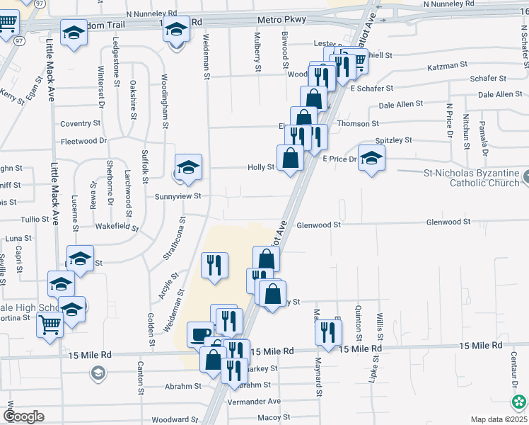 map of restaurants, bars, coffee shops, grocery stores, and more near 21761 Hillside Drive in Clinton Township