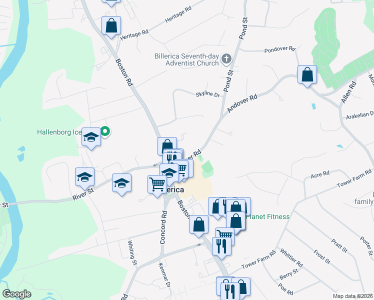 map of restaurants, bars, coffee shops, grocery stores, and more near 18 Andover Road in Billerica