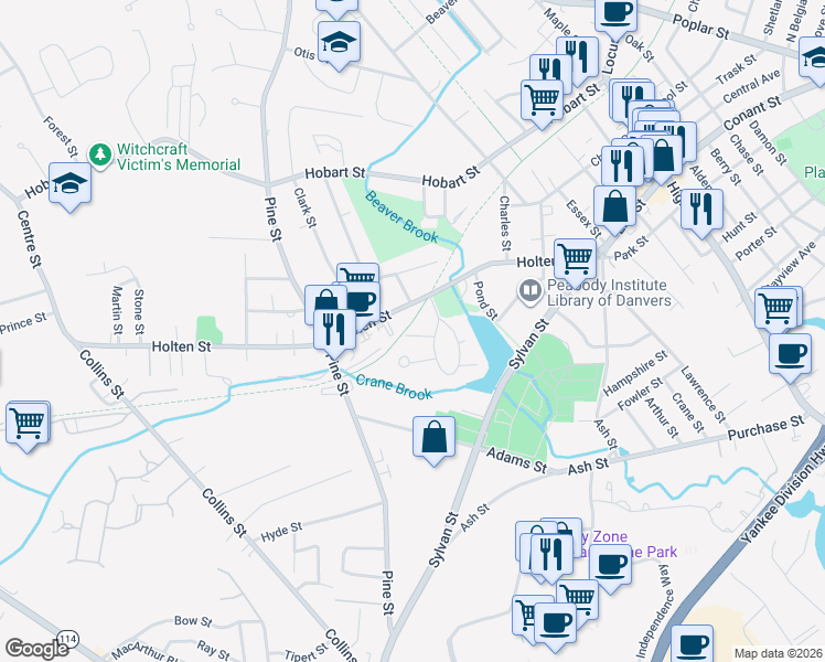 map of restaurants, bars, coffee shops, grocery stores, and more near 5 Larchmont Street in Danvers