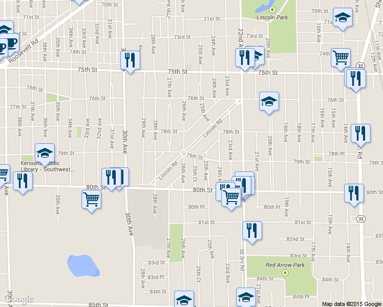 map of restaurants, bars, coffee shops, grocery stores, and more near 2575 Lincoln Road in Kenosha
