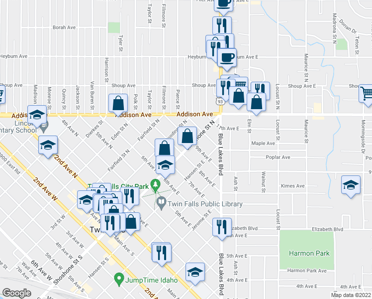 map of restaurants, bars, coffee shops, grocery stores, and more near 833 Shoshone Street East in Twin Falls