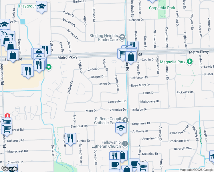 map of restaurants, bars, coffee shops, grocery stores, and more near 3586 Janet Drive in Sterling Heights