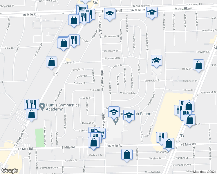 map of restaurants, bars, coffee shops, grocery stores, and more near 35845 Lucerne Street in Clinton Township