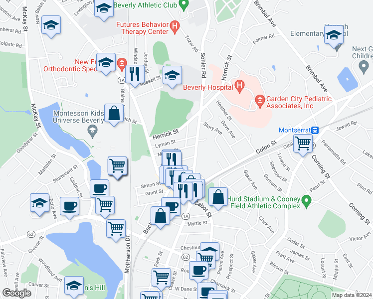 map of restaurants, bars, coffee shops, grocery stores, and more near 31 Mason Street in Beverly