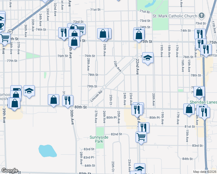 map of restaurants, bars, coffee shops, grocery stores, and more near 2575 Lincoln Road in Kenosha