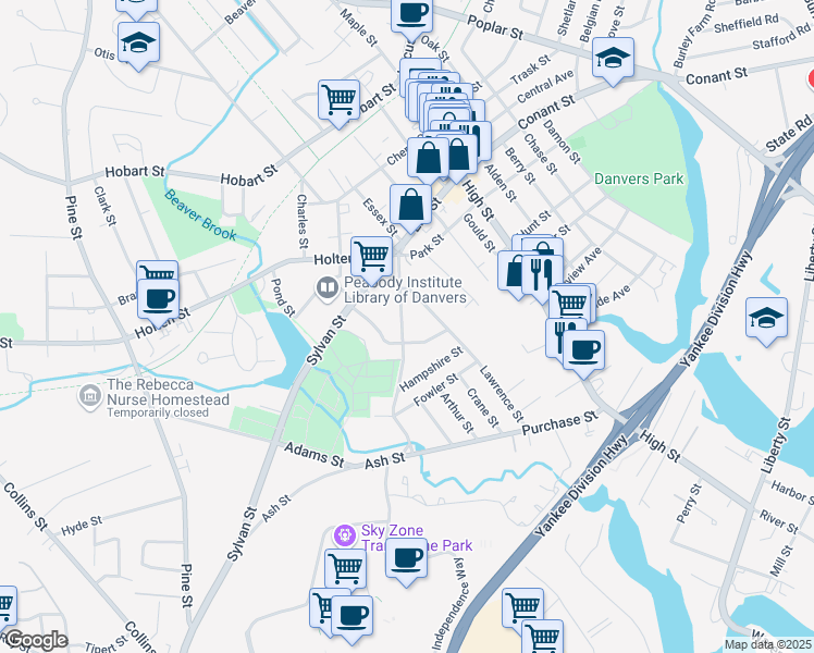 map of restaurants, bars, coffee shops, grocery stores, and more near 18 Ash Street in Danvers