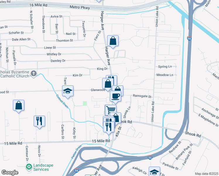 map of restaurants, bars, coffee shops, grocery stores, and more near 35815 Harper Avenue in Clinton Township