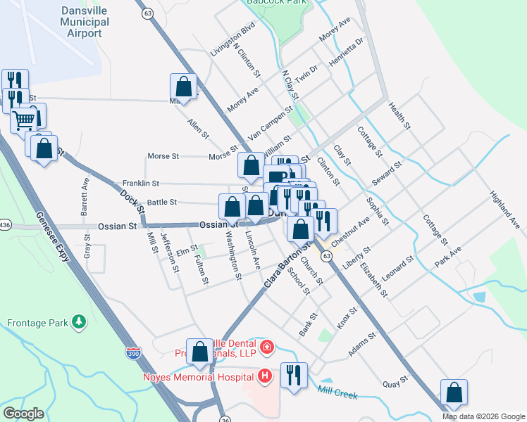 map of restaurants, bars, coffee shops, grocery stores, and more near 11 Spruce Street in Dansville