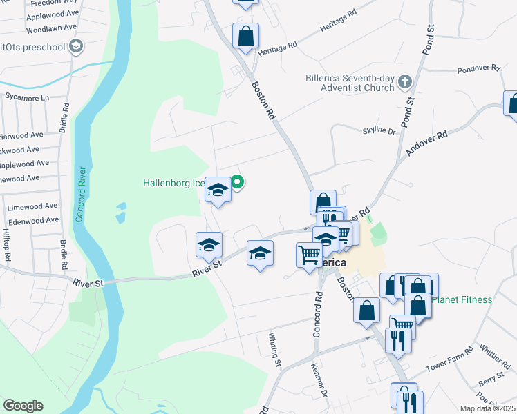 map of restaurants, bars, coffee shops, grocery stores, and more near 35 River Street in Billerica