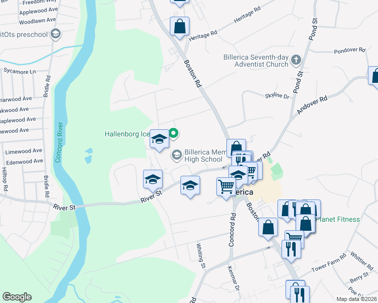 map of restaurants, bars, coffee shops, grocery stores, and more near 35 River Street in Billerica
