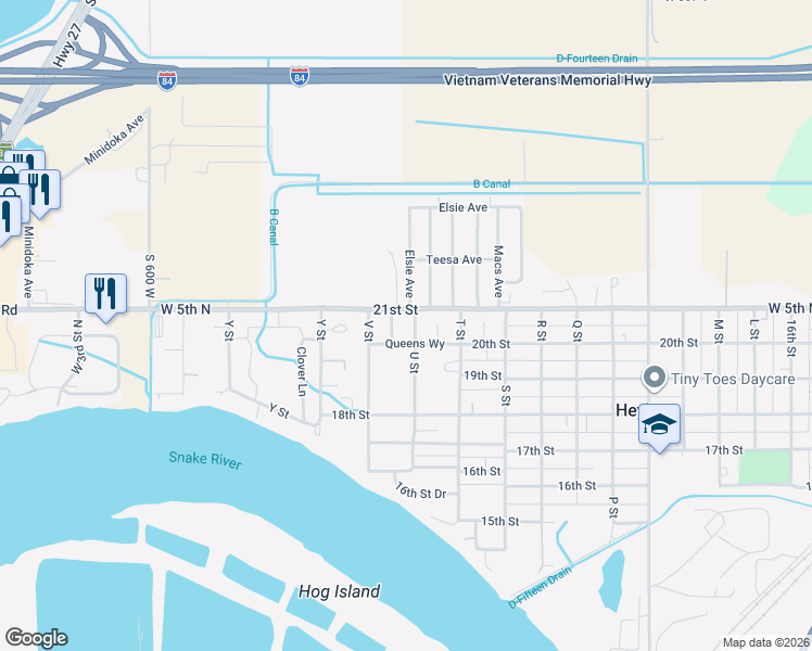 map of restaurants, bars, coffee shops, grocery stores, and more near 2031 U Street in Heyburn