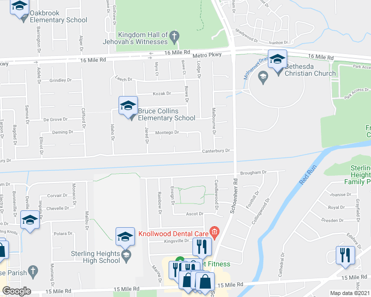 map of restaurants, bars, coffee shops, grocery stores, and more near 13351 Canterbury Drive in Sterling Heights