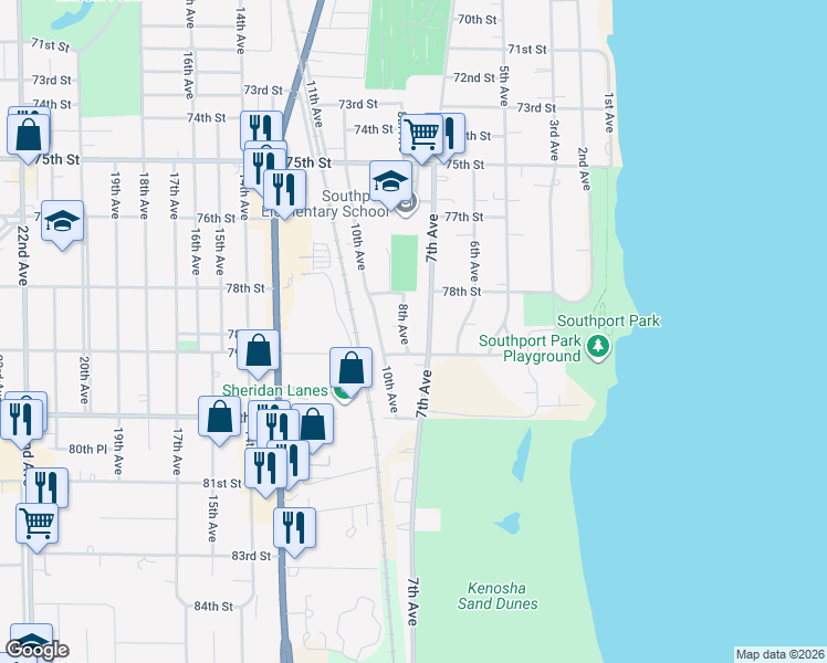 map of restaurants, bars, coffee shops, grocery stores, and more near 7835 8th Ave in Kenosha
