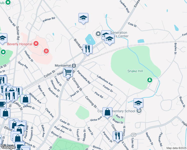 map of restaurants, bars, coffee shops, grocery stores, and more near 48 Lakeshore Avenue in Beverly