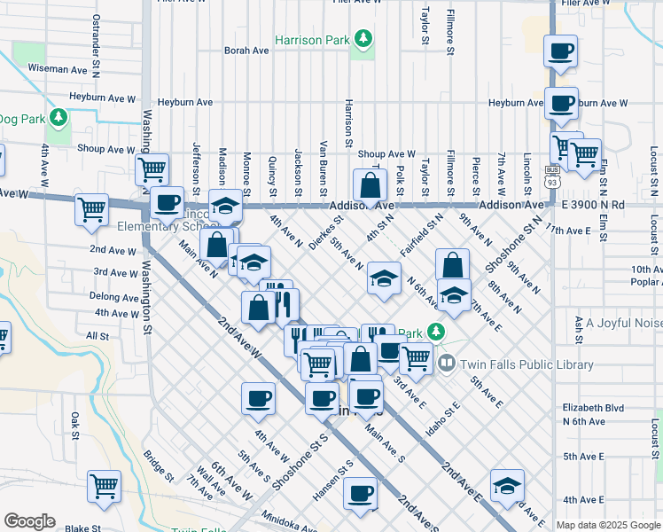 map of restaurants, bars, coffee shops, grocery stores, and more near 412 4th Avenue North in Twin Falls