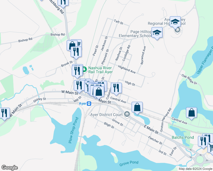 map of restaurants, bars, coffee shops, grocery stores, and more near 24 Cambridge Street in Ayer
