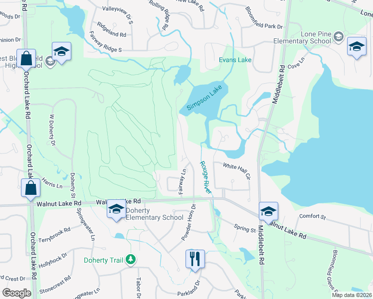 map of restaurants, bars, coffee shops, grocery stores, and more near 5265 Simpson Lake Road in West Bloomfield Township