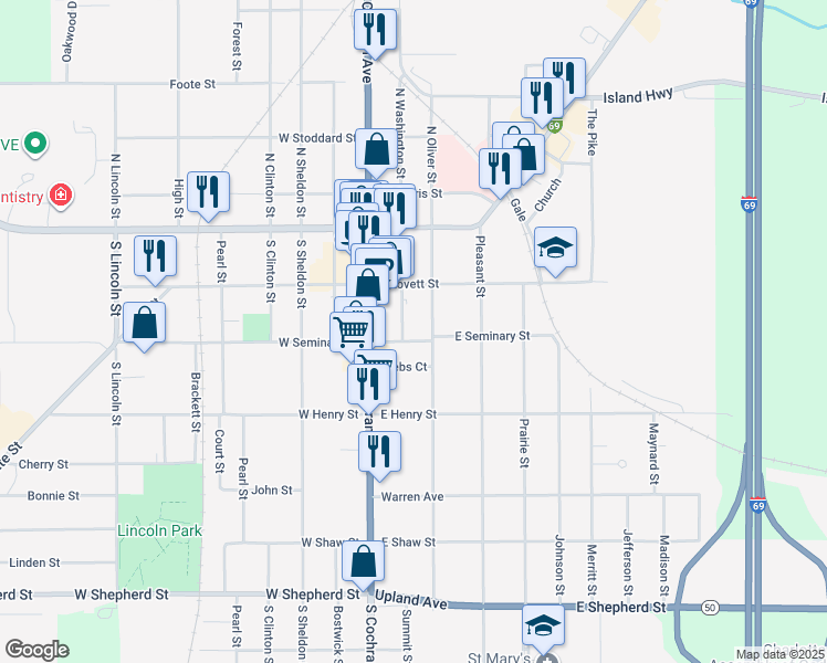 map of restaurants, bars, coffee shops, grocery stores, and more near 225 Washington Street in Charlotte